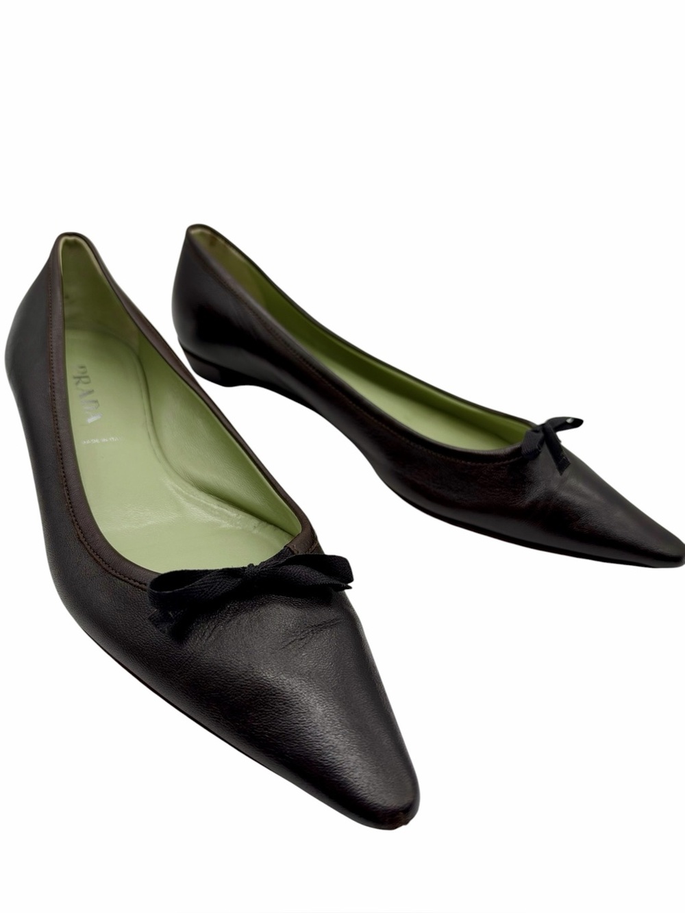 Prada Pointed Toe Leather Bow Flats Chocolate Brown size 38.5